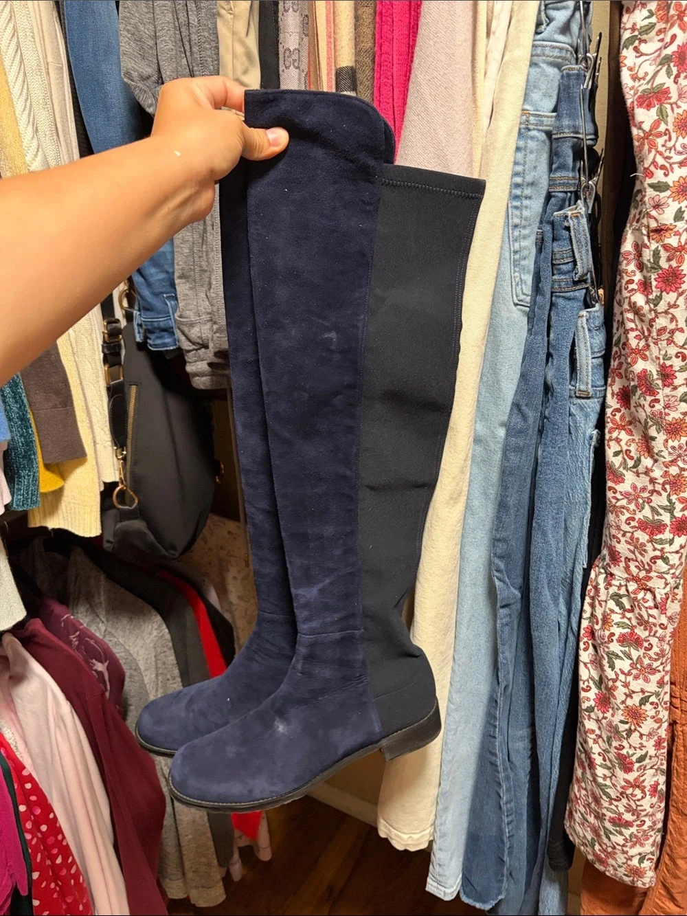 Stuart Weitzman Navy Suede Over-the-Knee Stretch Boots